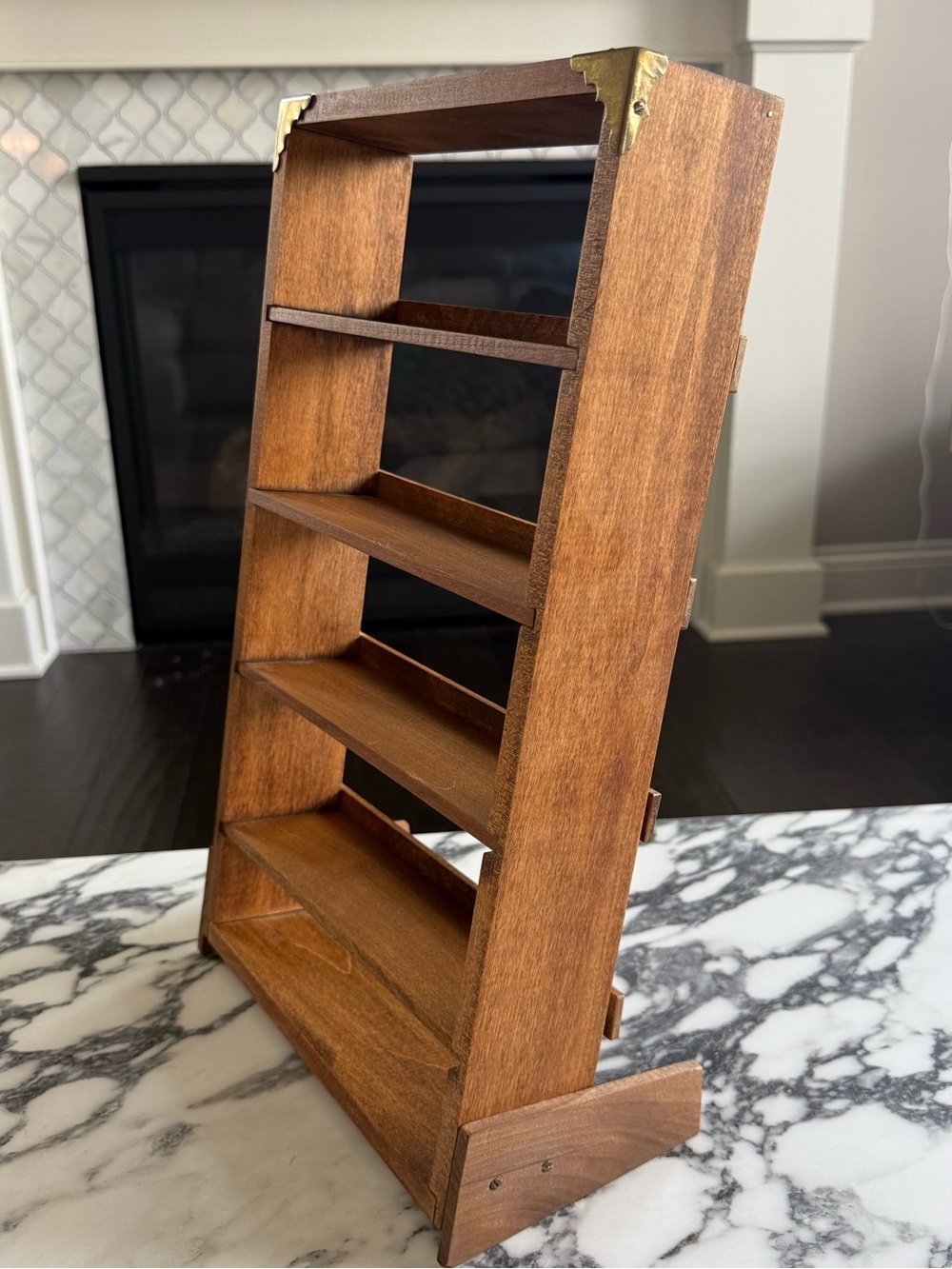 Wooden Brown Wall Display Shelf with Brass Accents